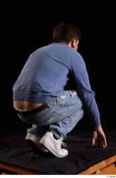 Whole Body Man White Sweatshirt Jeans Slim Kneeling Studio photo references